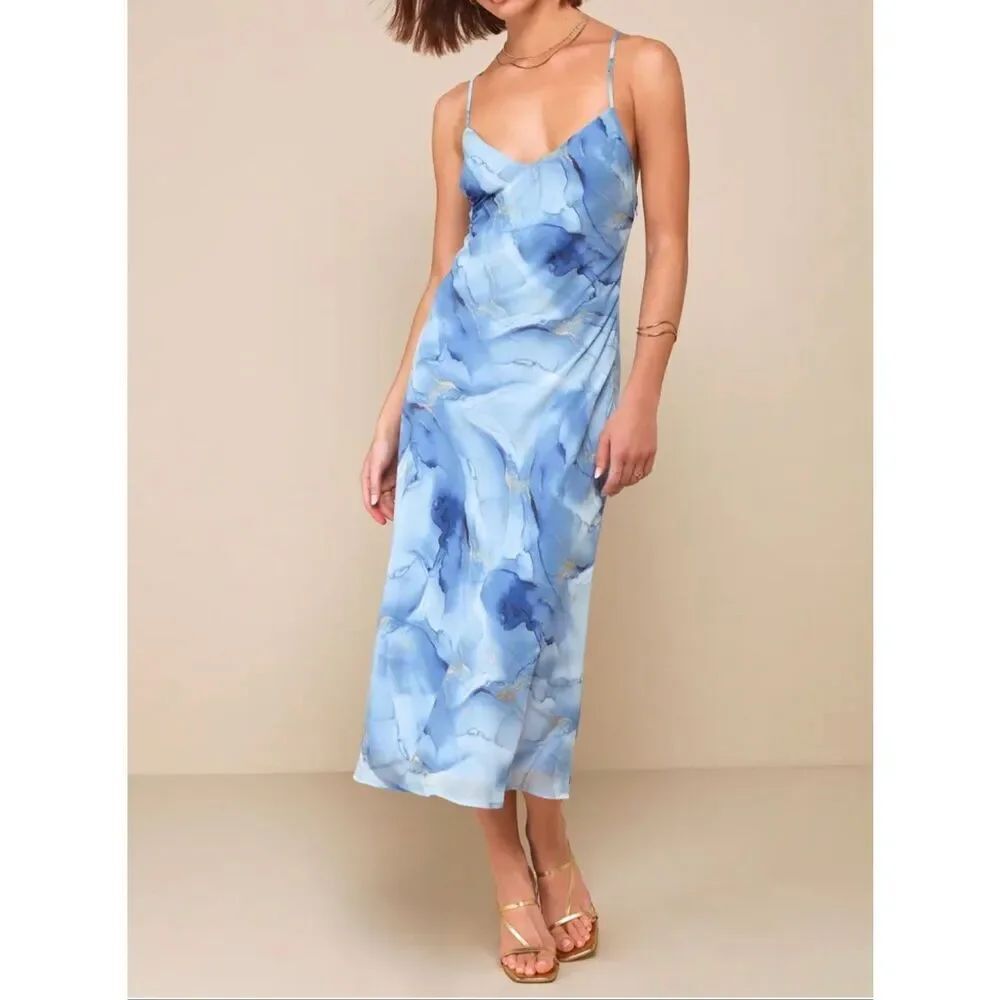Lulu’s Bright Charm Blue Abstract Print Chiffon Slip Midi size medium